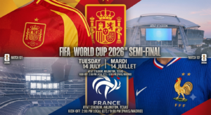 Spain vs France World Cup 2026 semi-final graphic showing kickoff time and TV channels at AT&T Stadium