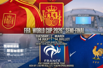 Spain vs France World Cup 2026 semi-final graphic showing kickoff time and TV channels at AT&T Stadium