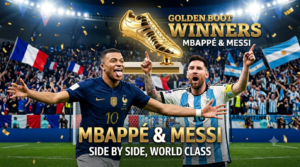 Kylian Mbappe and Lionel Messi celebrating goals in World Cup 2026 Golden Boot race before semi-finals