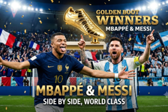 Kylian Mbappe and Lionel Messi celebrating goals in World Cup 2026 Golden Boot race before semi-finals