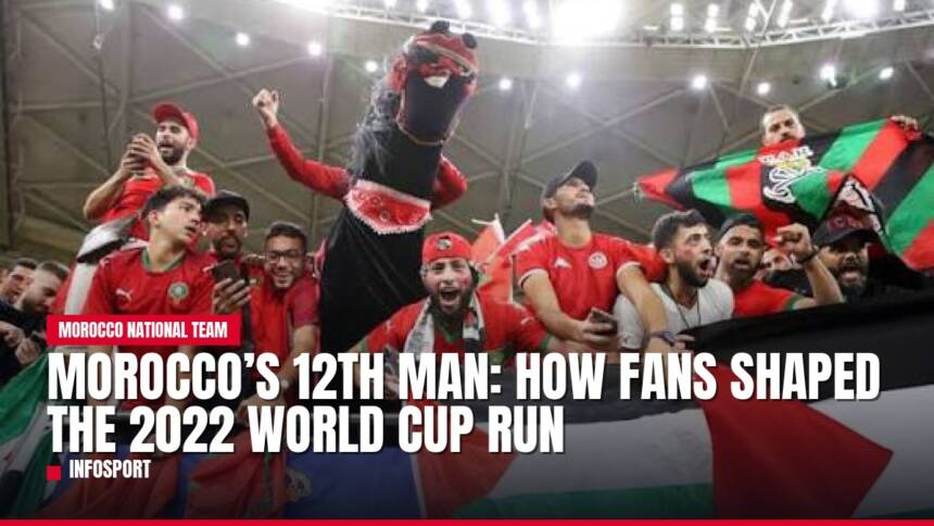 Excited Moroccan football fans with flags and mascot at World Cup.