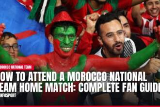 Cheering Moroccan football fans, one in red and green face paint.