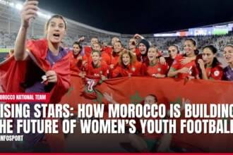 Moroccan women's football team celebrates with national flag.