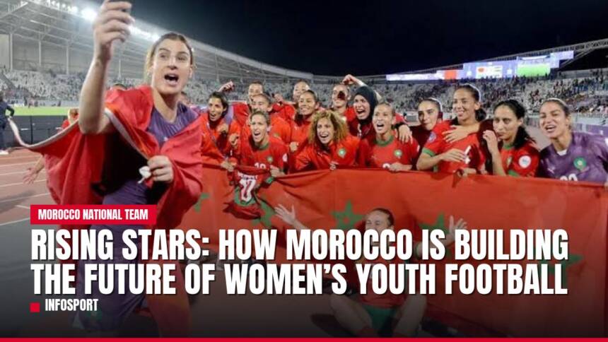 Moroccan women's football team celebrates with national flag.