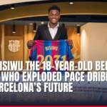 Jesse Bisiwu holds Barcelona jersey, celebrating new contract.