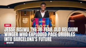 Jesse Bisiwu holds Barcelona jersey, celebrating new contract.