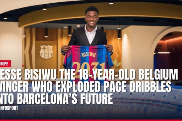 Jesse Bisiwu holds Barcelona jersey, celebrating new contract.