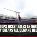 Empty stadium under construction with news headline about ticket sales.