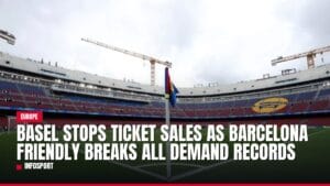 Empty stadium under construction with news headline about ticket sales.