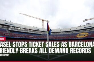 Empty stadium under construction with news headline about ticket sales.