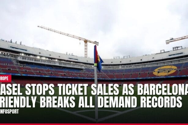 Empty stadium under construction with news headline about ticket sales.