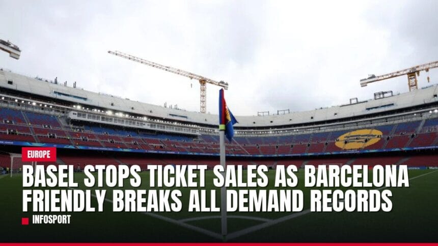 Empty stadium under construction with news headline about ticket sales.