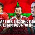 Three Moroccan football legends in jerseys against a national flag background.