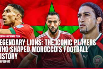 Three Moroccan football legends in jerseys against a national flag background.