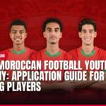 Five Moroccan footballers in red jerseys with youth academy application guide text.
