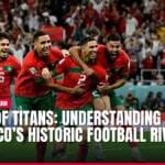 Moroccan footballers celebrating victory, Spanish goalkeeper looks on dejected.