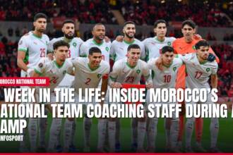 Morocco national football team players pose together on a stadium field.