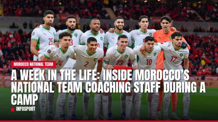 Morocco national football team players pose together on a stadium field.