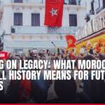 Moroccan crowd celebrates with flags, text about football legacy.