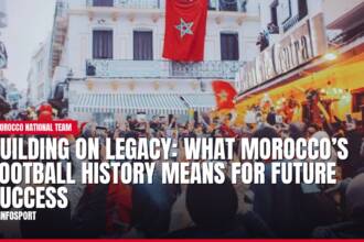 Moroccan crowd celebrates with flags, text about football legacy.