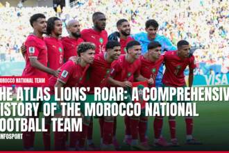 Morocco national football team players in red jerseys smiling on field.