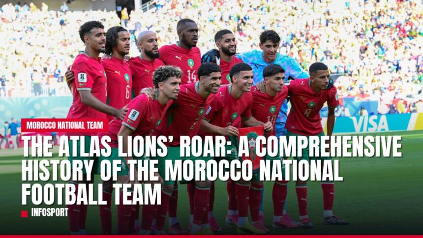 Morocco national football team players in red jerseys smiling on field.
