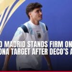 Young male soccer player in jersey with news headline.
