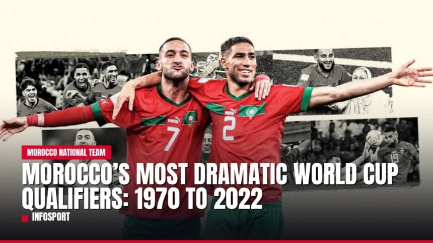 Moroccan footballers Ziyech and Hakimi celebrating amidst qualifying history.
