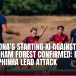 Barcelona soccer players training with match announcement overlay.