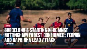 Barcelona soccer players training with match announcement overlay.
