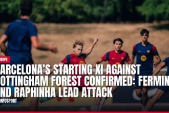 Barcelona soccer players training with match announcement overlay.