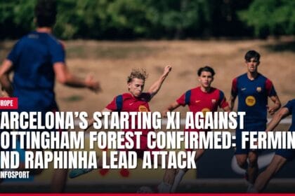 Barcelona soccer players training with match announcement overlay.