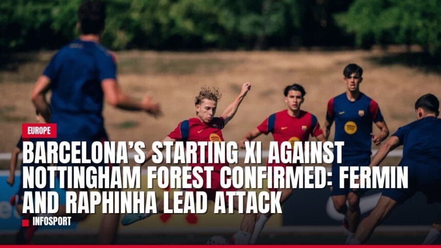 Barcelona soccer players training with match announcement overlay.