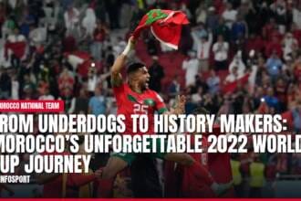 Moroccan footballer celebrates with flag, crowd cheering at 2022 World Cup.