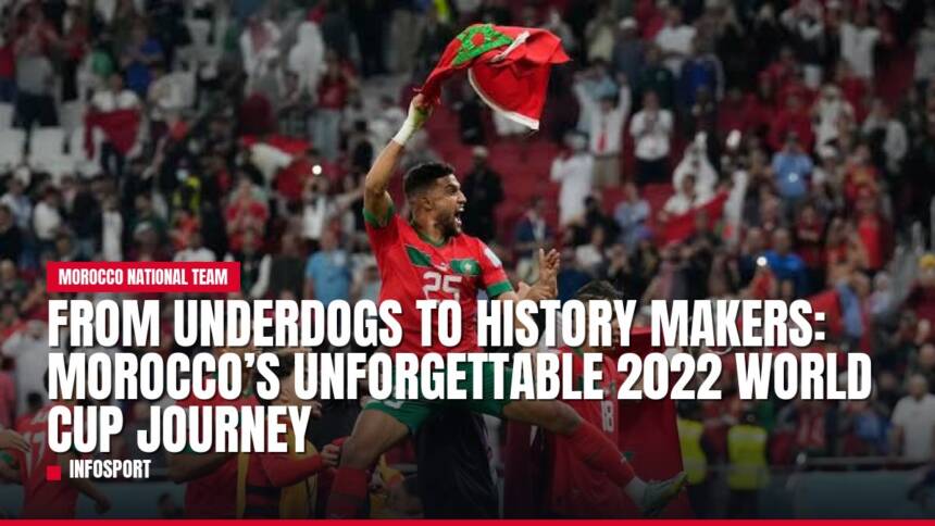 Moroccan footballer celebrates with flag, crowd cheering at 2022 World Cup.