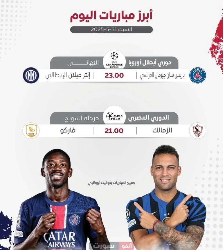 أهم مباريات اليوم السبت 31 مايو 2025: نهائي أبطال أوروبا وختام الدوري المصري