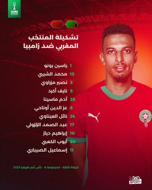تشكيلة المنتخب المغربي ضد زامبيا في كأس أمم إفريقيا 2025