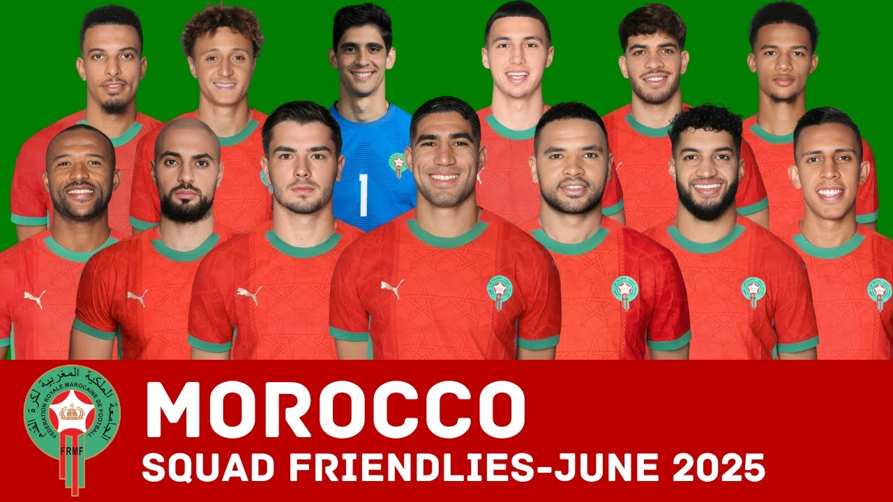 Current Morocco national team squad gathered before an international match, featuring key players who form the backbone of the Atlas Lions in modern football.