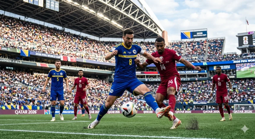 Bosnia-Herzegovina and Qatar players battle for the ball during their Group B match at Lumen Field in the 2026 FIFA World Cup.