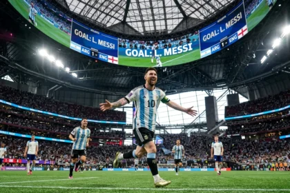 Lionel Messi celebrates scoring for Argentina in the 2-1 World Cup semifinal win over England at Mercedes-Benz Stadium.