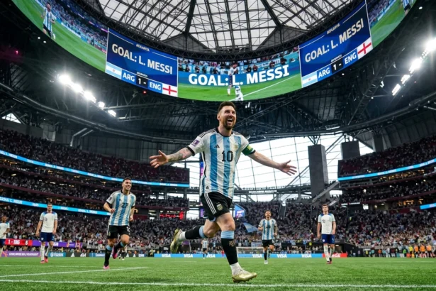 Lionel Messi celebrates scoring for Argentina in the 2-1 World Cup semifinal win over England at Mercedes-Benz Stadium.