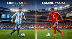 Lionel Messi of Argentina and Lamine Yamal of Spain ahead of the World Cup 2026 final at MetLife Stadium