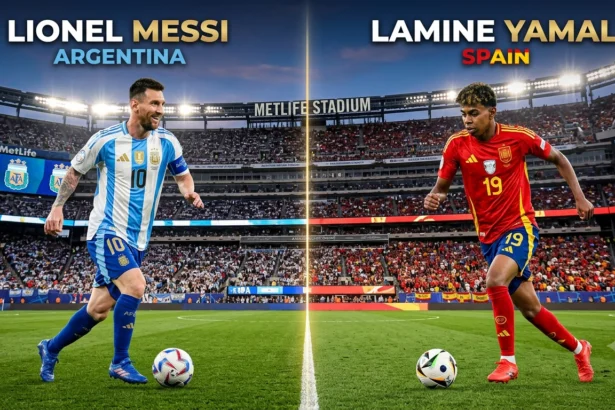 Lionel Messi of Argentina and Lamine Yamal of Spain ahead of the World Cup 2026 final at MetLife Stadium