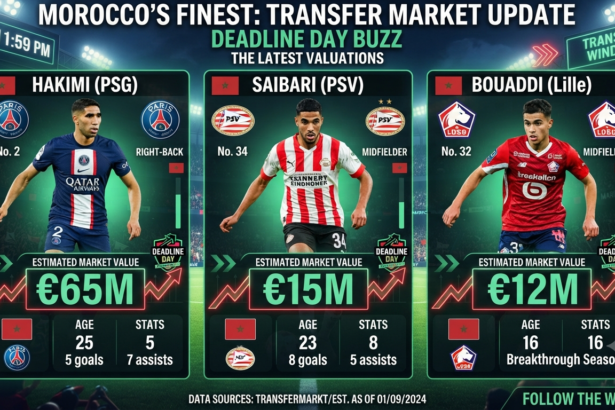 Moroccan football stars Ayoub Bouaddi, Achraf Hakimi, and Ismael Saibari featured in a graphic about Africa’s most valuable players.