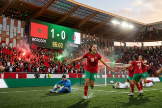 Sanaa Mssoudy celebrates scoring the winning goal for Morocco against Algeria at WAFCON 2026 in Rabat