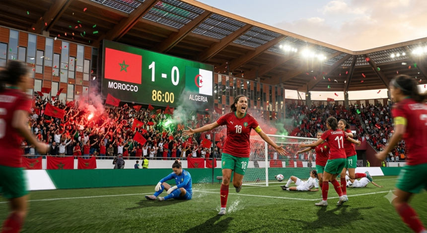 Sanaa Mssoudy celebrates scoring the winning goal for Morocco against Algeria at WAFCON 2026 in Rabat