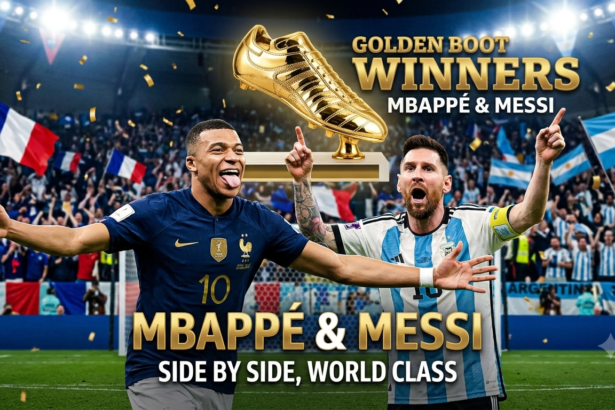 Kylian Mbappe and Lionel Messi celebrating goals in World Cup 2026 Golden Boot race before semi-finals