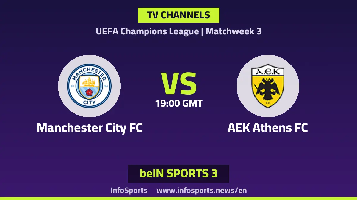 What channels are showing Manchester City vs AEK Athens in the Champions League?